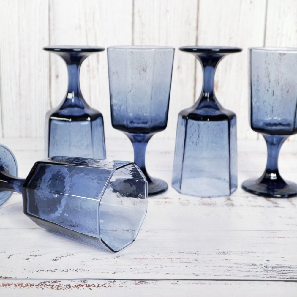 5-pc Vintage Libbey Facets Smokey Cobalt Blue Water Wine Goblets Glasses Set